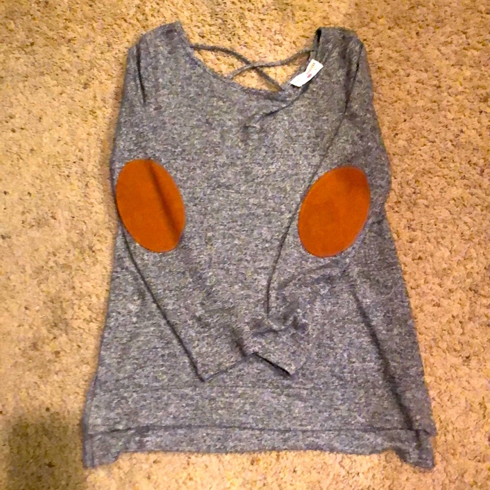 Long sleev gray shirt with brown suede patches on elbows..criss cross back